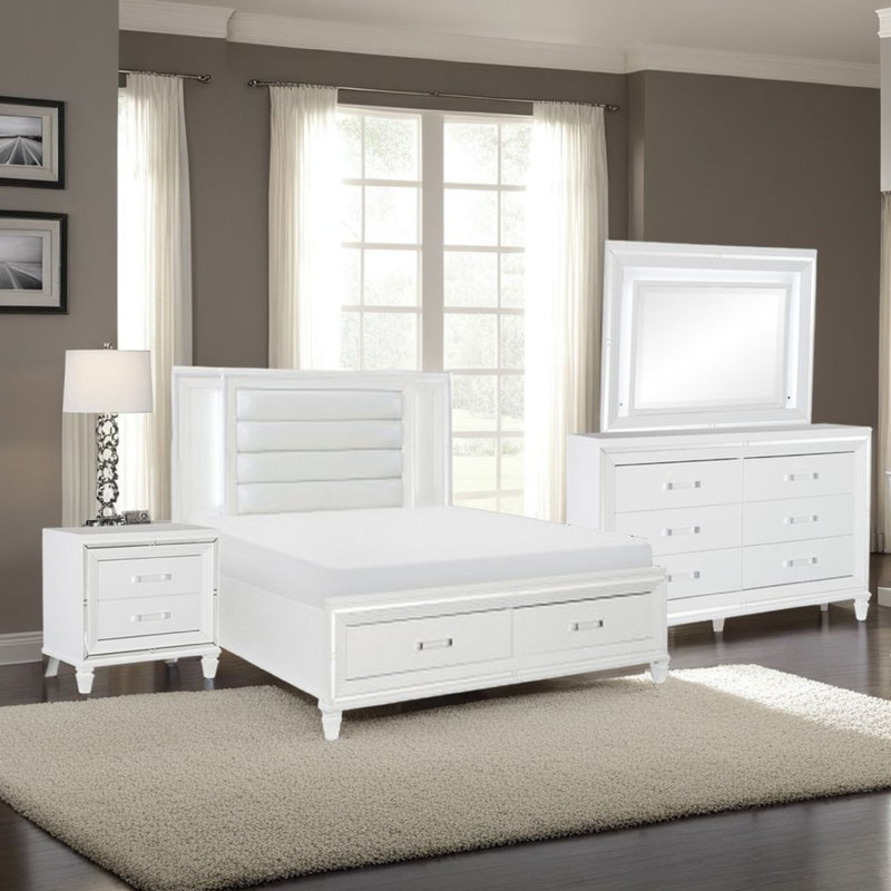Ensemble de chambre avec grand rangement 4 pièces Rosa, DEL, détails miroir, blanc métallique