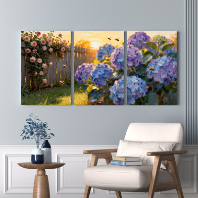 Tableau sur toile tendue représentant un jardin de roses et d'hortensias (lot de 3)