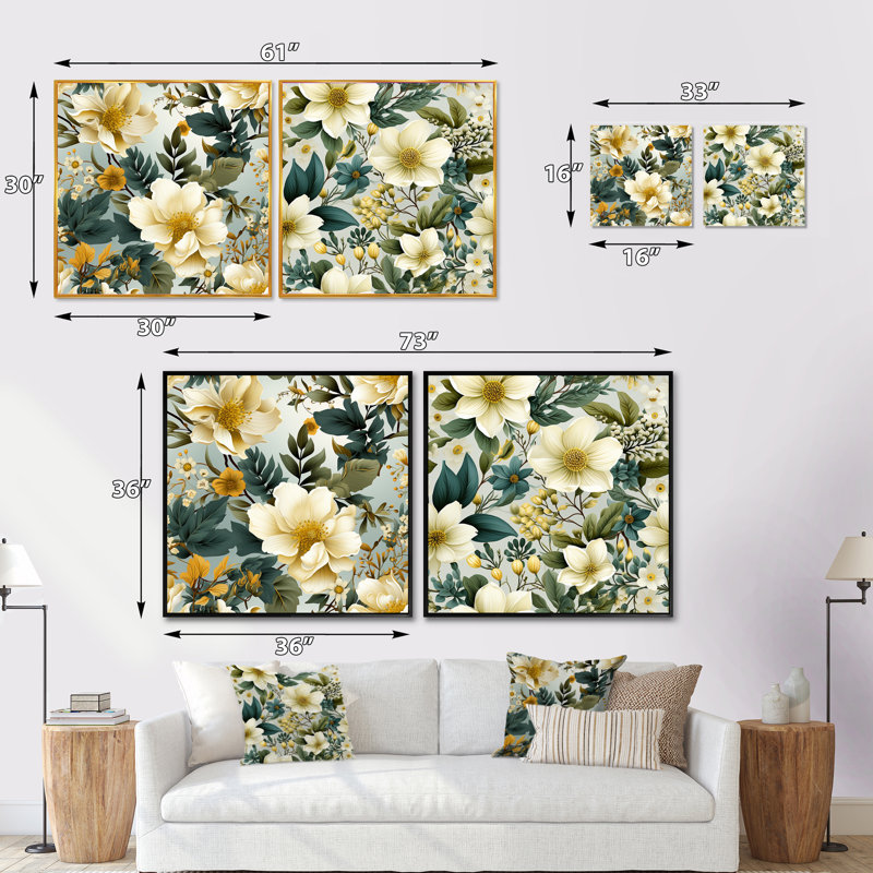 Charline - Ensemble de 2 collages carrés floraux, Cadre flottant blanc, H 16 po x l 33 po