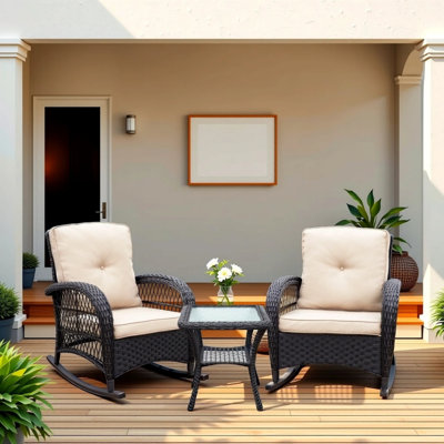 Outdoor Willow Adjustable Rocking Chair, Courtyard Wicker Rocking Chair, With Soft Cushion And Steel Frame, Khaki Color