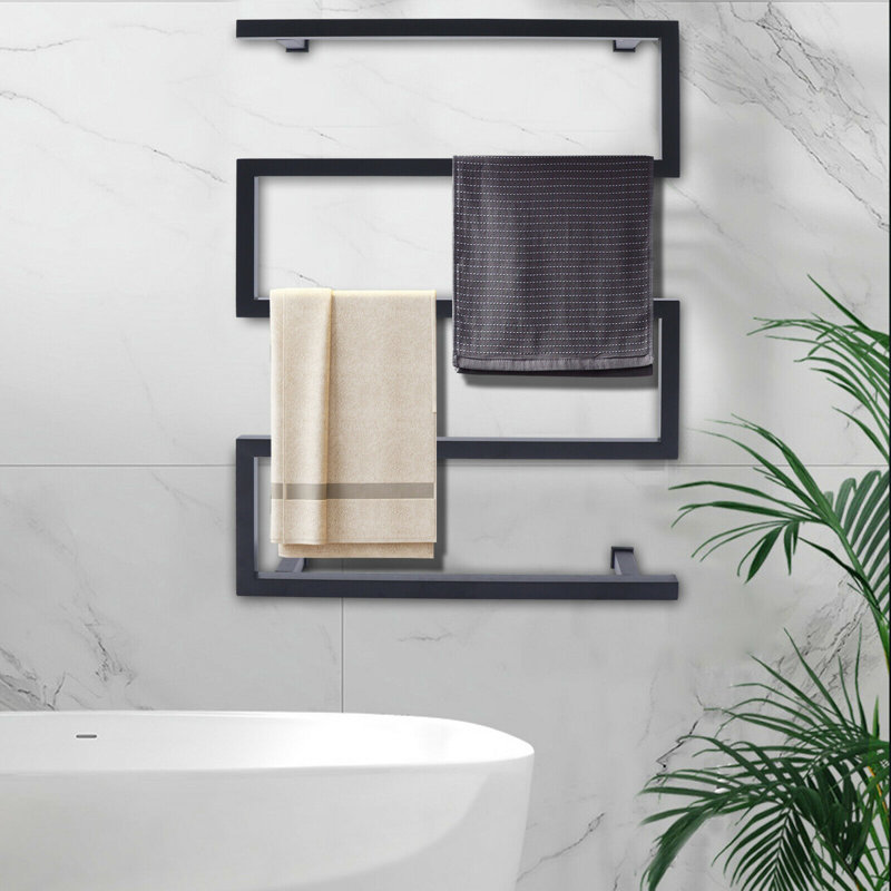 Chauffe-serviettes électrique mural en forme de S en acier inoxydable noir de 90 W avec puissance de 90 W, classé IP56 pour les salles de bain et les hôtels