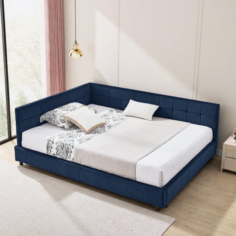 Canapé-lit rembourré en velours bleu foncé Mid-Century avec dossier et accoudoirs, lit de jour pour chambre à coucher et salon