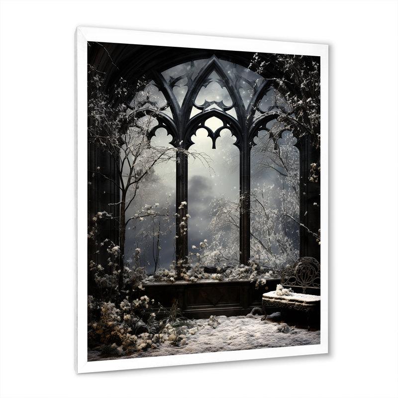 «Midnight Gothic Winter Window View III - Winter Landscape», art mural, H 44 po x l 34 po x P 1,5 po, Cadre simple blanc