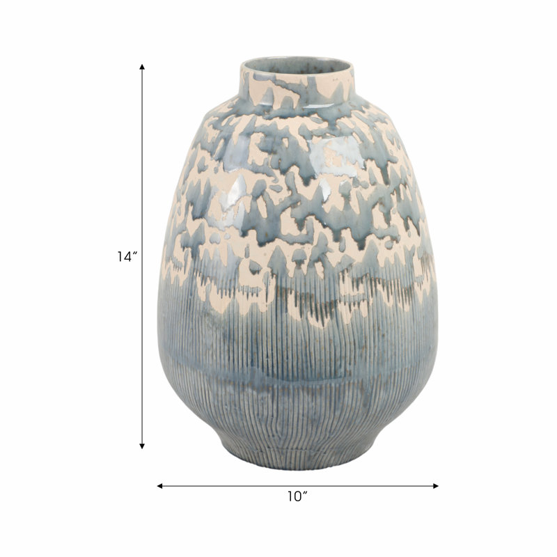Decorative Round Glazed Earthenware Table Vase for Home Decor - Modern Tall Flower Vase Accent for Living Room or Entryway Display - Gray & Ivory