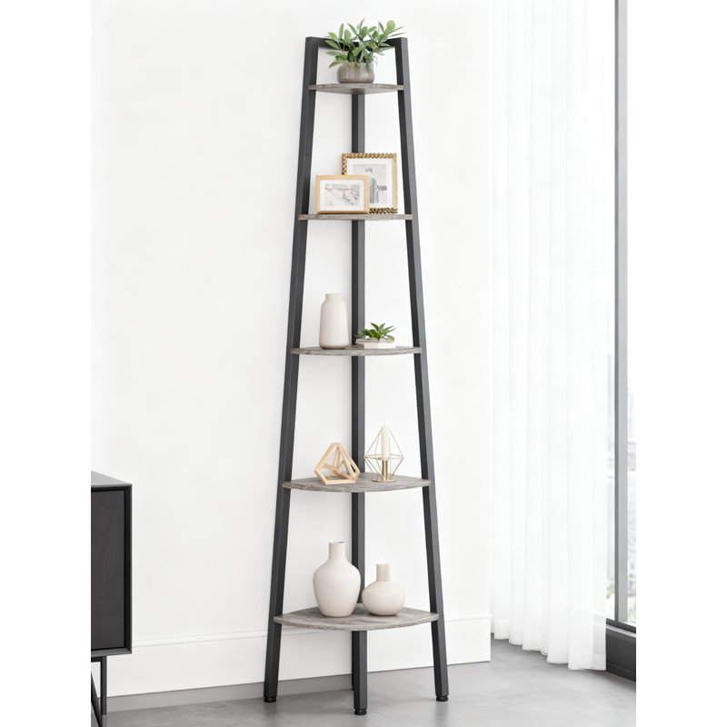 5-Tier Corner Shelf With Metal Frame, Industrial Ladder Display Stand For Living Room, Kitchen, Home Office And Small Spaces