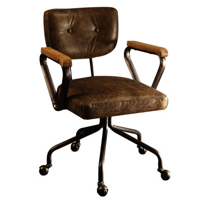 - Inspired Vintage Office Chair With Tilt , Swivel Seat, Padded Top Grain Leather Cushion, 5 Star Metal Base , 26" High Framed Wooden Armrest, 220Lbs Weight Limit, 25" Product Depth Design Back, No