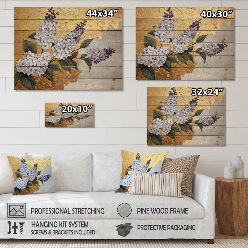 Lilas printemps harmonie dorée II - impression traditionnelle sur bois doré sur bois de pin naturel, H 30 po x l 40 po