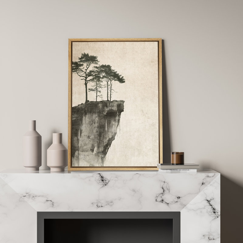 Encre asiatique, art mural sur une falaise, décor oriental minimaliste pour salle d'étude ou de méditation, H 36 po x l 24 po