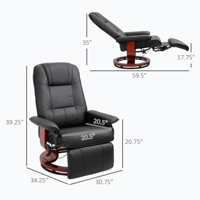 Black Faux Leather Swivel Recliner with Wood Base