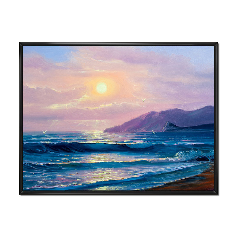 «Sunset Above Dark Blue Ocean Waves», reproduction sur toile, H 30 po x l 40 po, Toile à cadre flottant noir