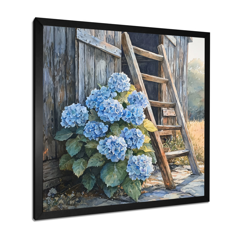 Hydrangées par l'échelle de la grange - art mural hortensias, Reproduction encadrée d'une seule photo, Noir, noir, noir, noir