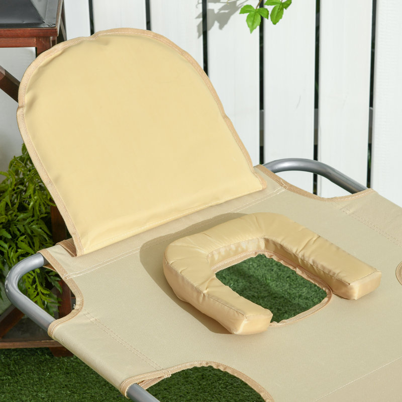 Chaise de bronzage avec trou pour le visage, chaise longue d'extérieur réglable à 5 niveaux avec coussin pour plage, piscine, beige