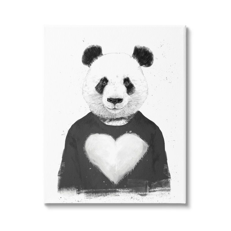 Panda ludique cœur noir et blanc par Balazs Solti, H 20 po x l 16 po x P 1,5 po, Toile tendue