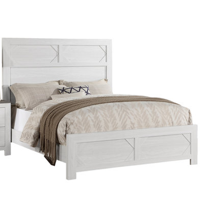 Queen Size Bed With White High Headboard, Unique Panel Design, Particle Board For Bedroom Improvement