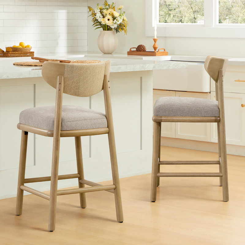 Upholstered Counter Stool with Handwoven Back, Khaki