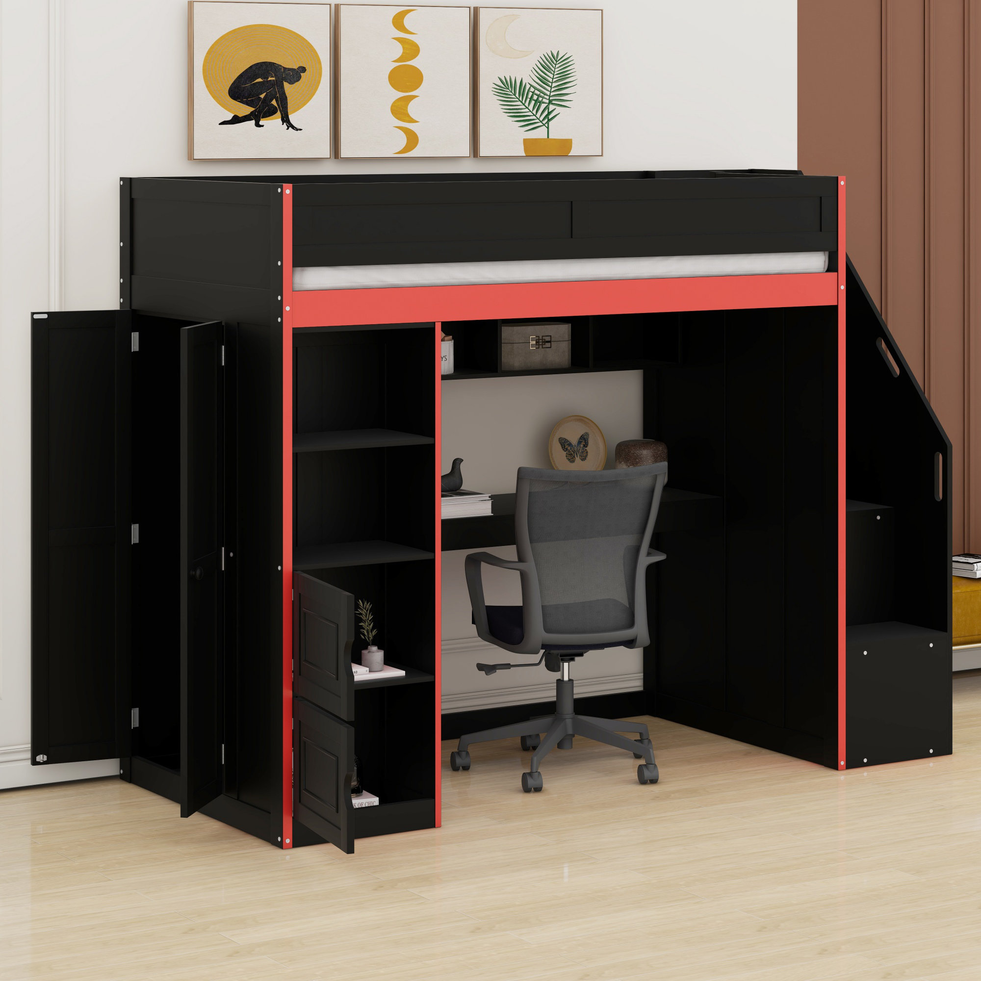 Latitude Run® Gaming Loft Bed With Desk And Storage,LED Lights ...