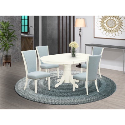 5 Piece Dining Table Set Includes an Oval Kitchen Table with Butterfly Leaf and 4 Baby Blue Linen Fabric Parson Dining Chairs, Linen White