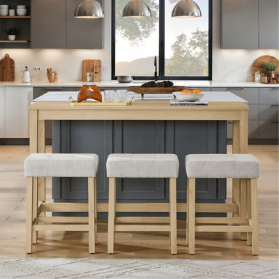 59 Inch Bar Table, Dining Table, Sofa Table With Power Outlet, 3 Upholstered Stools, 4 Piece Bar Table And Chair Set For Living Room, Dining Room, Kit