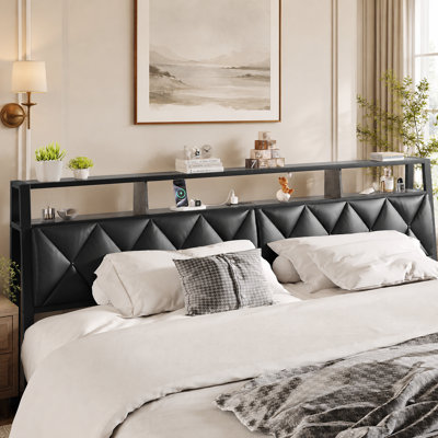 King Size Upholstered Headboard with LED Lights, Charging Station and 2-Tier Storage Shelf, Black & Faux Leather
