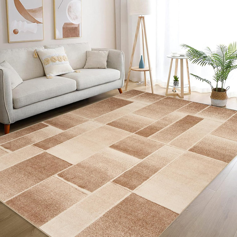 Tapis géométrique moderne en patchwork de 274 x 366 cm, lavable, kaki, antidérapant