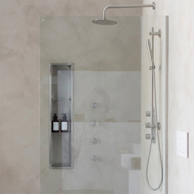 Ensemble de douche avec douchette sur rail avec coude intégré, pomme de douche à pluie et quatre jets de corps chromés