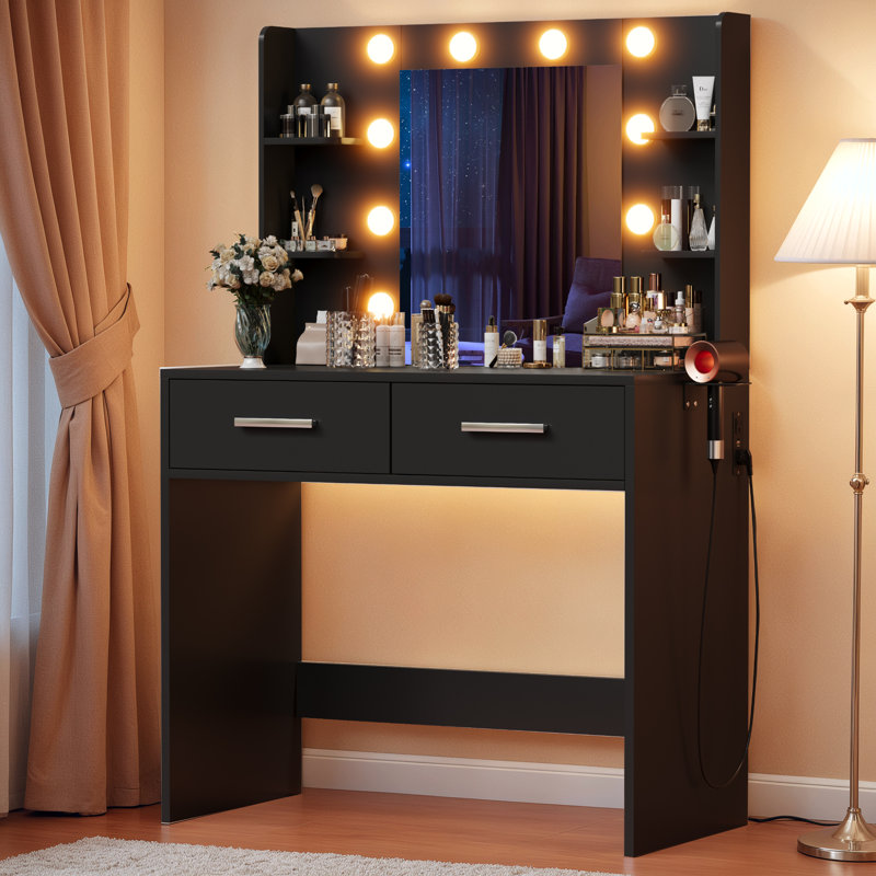 Makeup Vanity Desk with Lighted Mirror & Power Outlet, Black