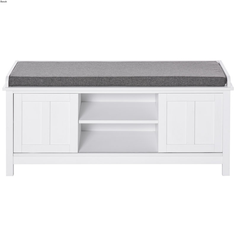 Entryway Shoe Bench, Storage Ottoman Bench With Adjustable Shelf, White