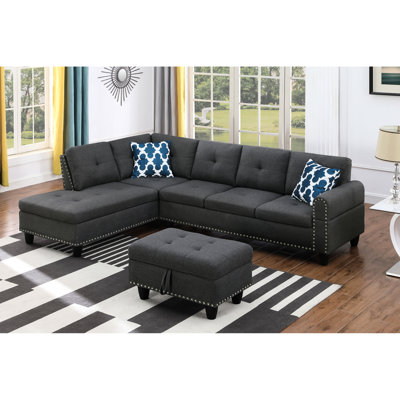 98" Wide Chaise , Dark Gray Linen, Foam Padding, Wood Frame, Modern Style Legs, Rounded Arms, Nailhead Trim, Exquisite Tufting Back Left Hand Facing & With , Wide, Filled Cushions, Dowel , Thrilling