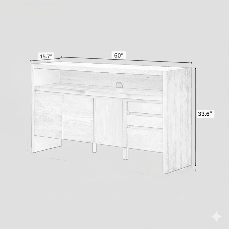 Buffet de 60 pouces à trois portes avec trois tiroirs, de conception moderne fabriqué en panneau de fibres à densité moyenne plaqué de frêne massif, doté d'une tablette semi-ouverte et d'une découpe centrale semi-circulaire sur le panneau arrière, d'une grande armoire de rangement pour le salon, le couloir et Salle à manger
