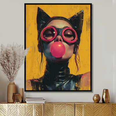 Cat Woman With Pink Bubble Gum - Fashion Woman Wall Art Decor