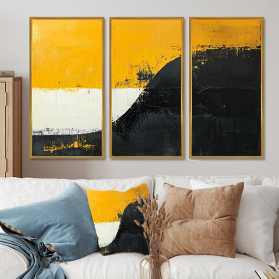 «Black Abstract Shapes Reflections II», art mural formes abstraites - 3 panneaux