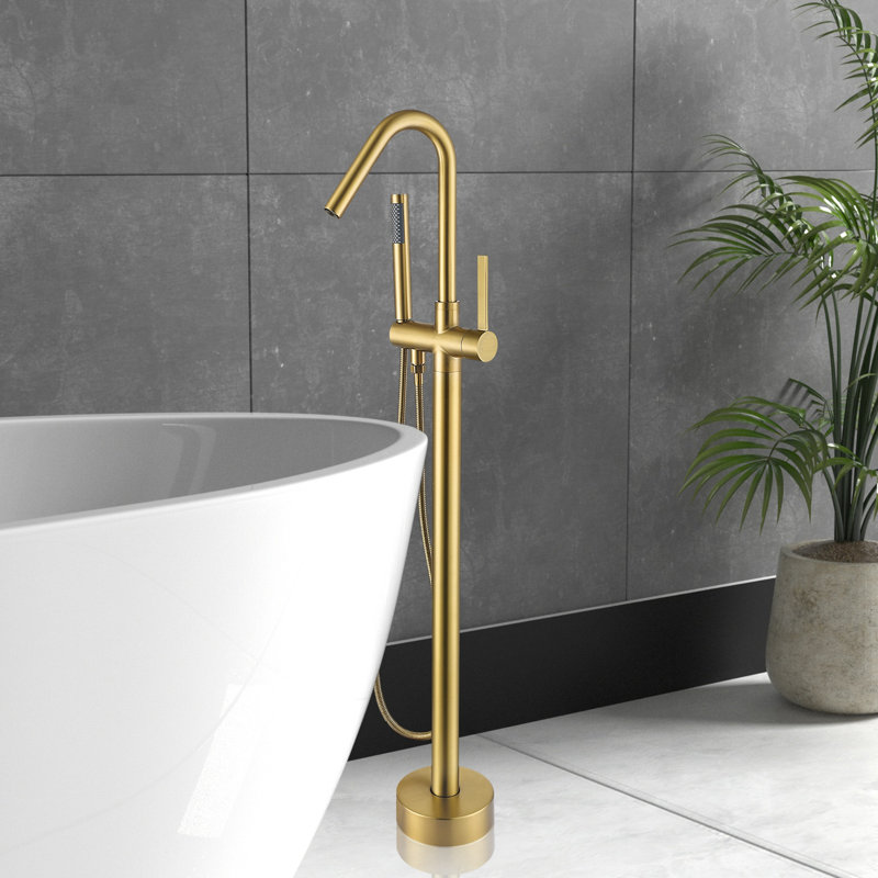 Single Handle Floor Mounted Tub Filler With Handshower, Brusehd Brass