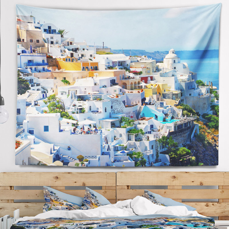 Tapisserie abstraite de la ville de Fira à Santorin, H 68 po x l 80 po