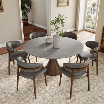 Round Pedestal Dining Table Set 4/6/8 Seats Dark Walnut & Gray Set
