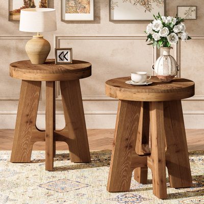 Rustic Solid Wood Round Side Table, Farmhouse End Table for Living Room or Bedroom, Small Bedside Table in Brown