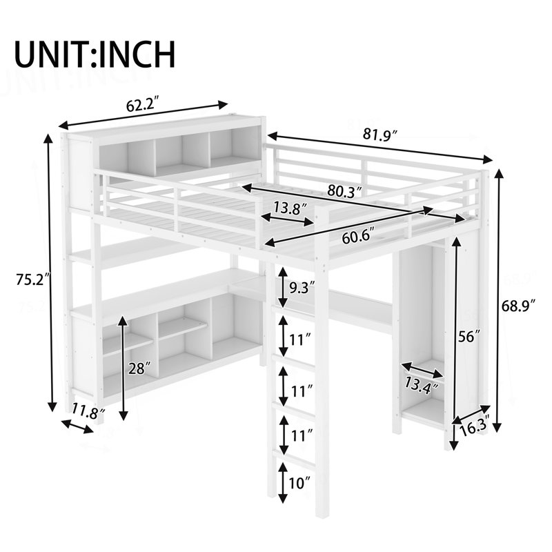 Versatile Metal Loft Bed With Integrated Storage Cubes, Shelves And Functional L - Shaped Desk Suitable For All Ages And Small Spaces