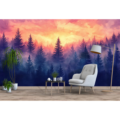 Papier peint Forêt au coucher du soleil – Pins dans la brume, ciel pourpre-orangé, fresque murale représentant un paysage naturel paisible, motif de papier peint Forêt au lever du soleil.