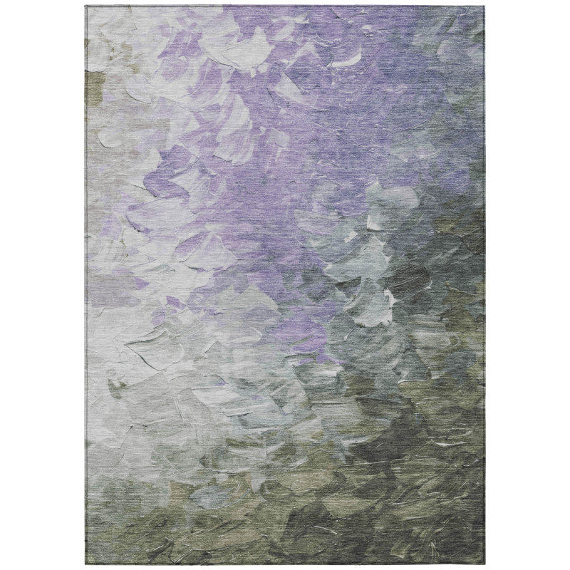 3' X 5' Lavender Olive Green And Silver Abstract Washable Indoor Outdoor Area Rug