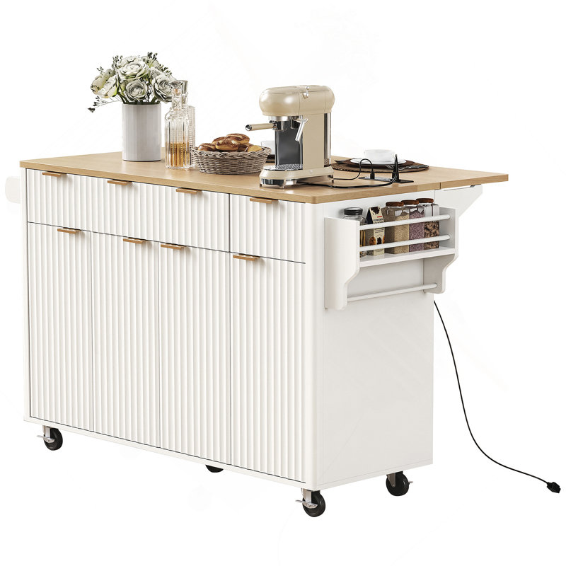55.5" Rolling Kitchen Island With Drop Leaf, Built-In Charging Station & Ample Storage, Natural Wood, White