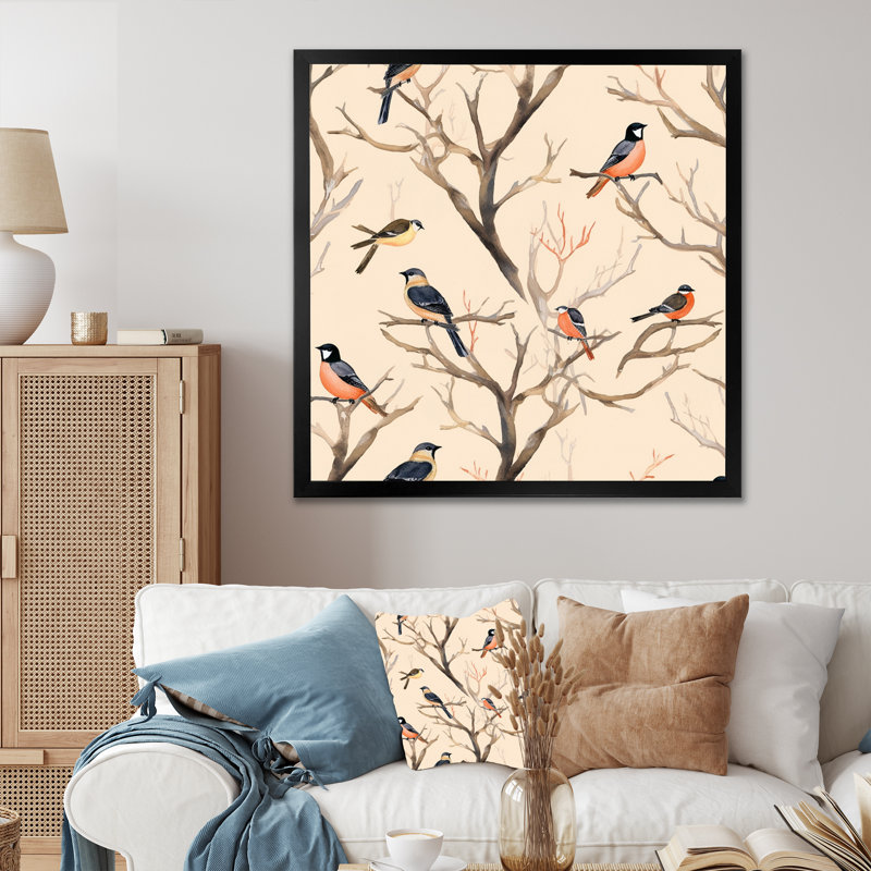 «Little Birds On The Tree Branches», reproduction d'art sur toile, H 24 po x l 24 po x P 1 po, Cadre simple noir