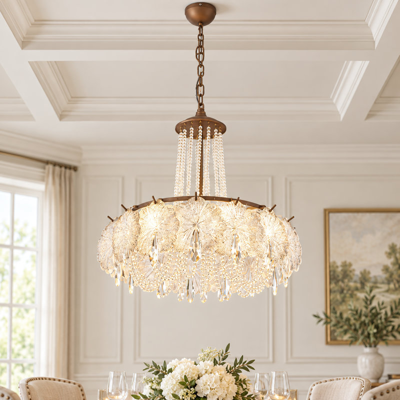Lustre à 6 lumières en cristal français avec pampilles et lumière chaude