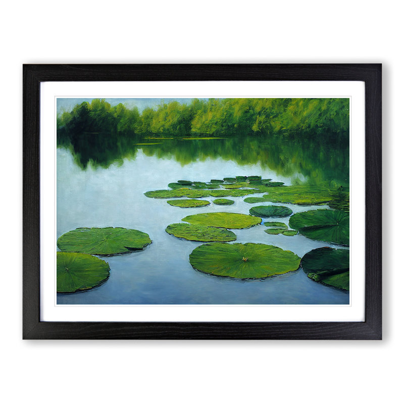 Lush Water Lily Pond - Single Picture Frame Painting, 46cm H x 64cm W x 2cm D, Black