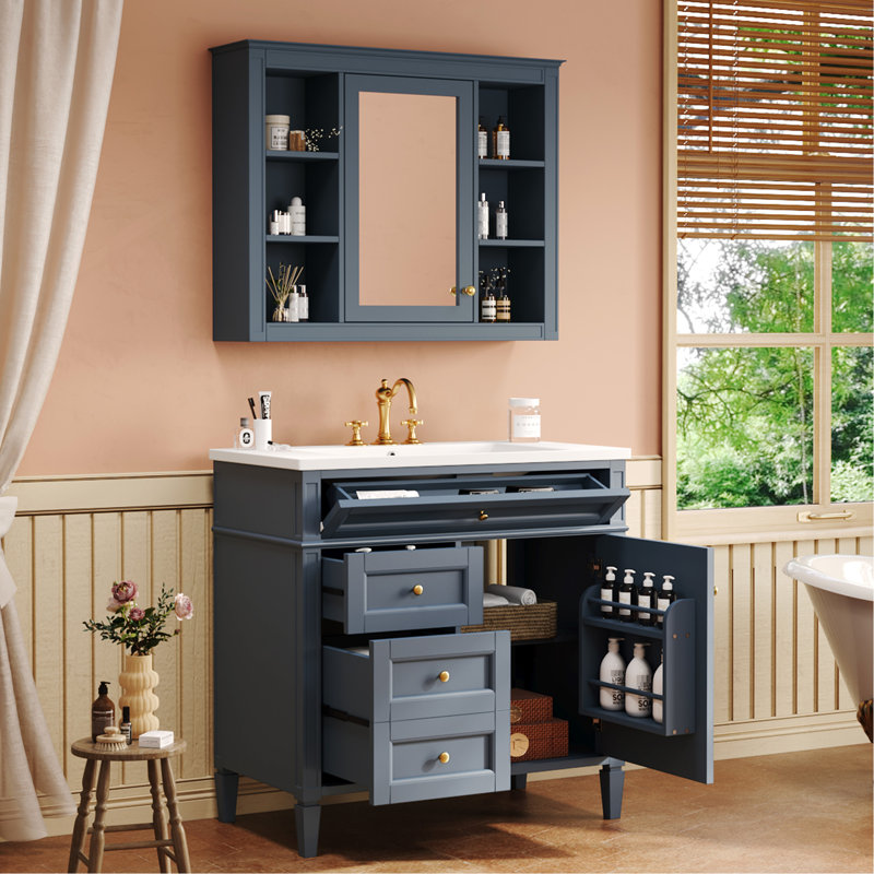 Meuble-lavabo moderne de 36 po avec rangement pour lavabo et miroir, forme rectangulaire bleue, portes à fermeture douce, idéal pour meuble-lavabo simple, couleur, armoire, tiroirs