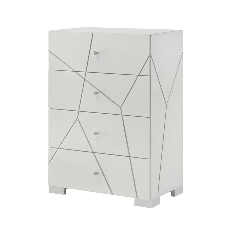 Commode contemporaine en bois à quatre tiroirs avec détails géométriques audacieux et finition blanche brillante