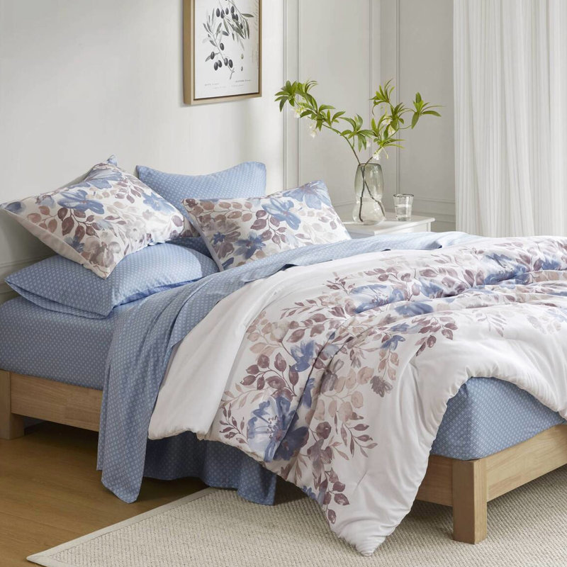 Édredon pour grand lit avec feuilles à motif aquarelle bleu, doux, convient à un matelas de 16 po, microfibre lavable, machine