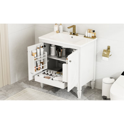 Lavabo de salle de bain 30 po, style rétro, grand choix de rangement blanc, lavabo en céramique massif, bois véritable et fabrication