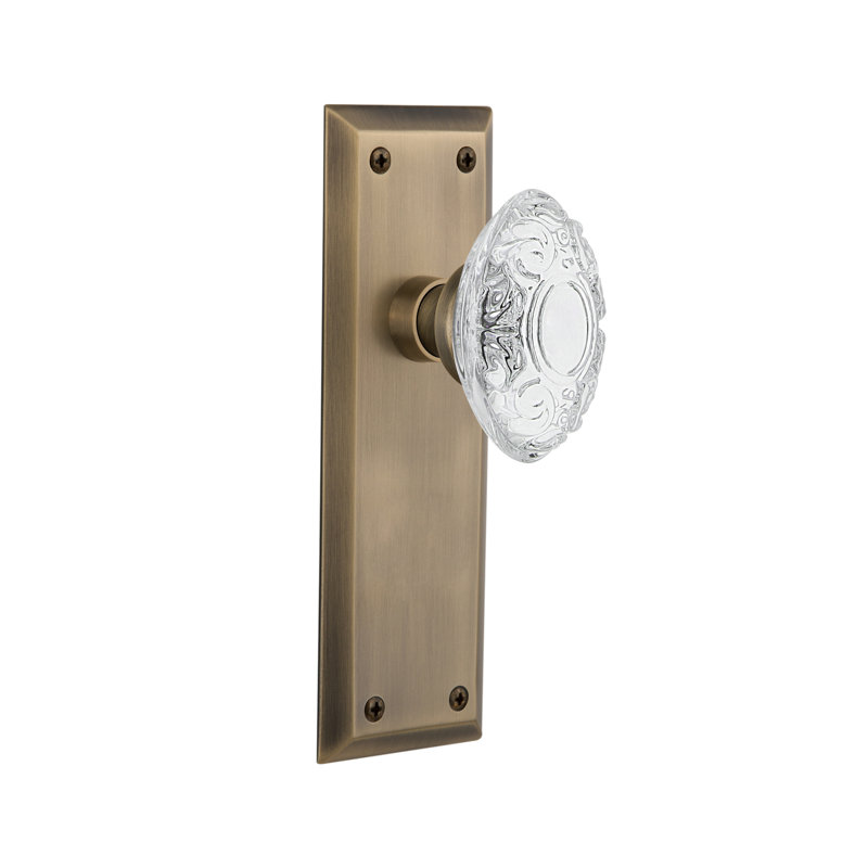 New York Plate with Crystal Victorian Knob, Antique Brass