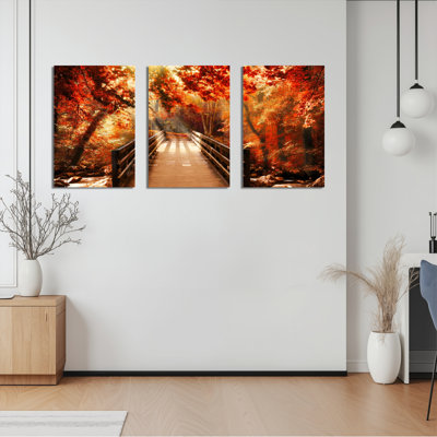 Automne pont de la forêt, reproduction d'art sur toile tendue sur toile, ensemble de 3, pour salon, chambre à coucher, décoration intérieure