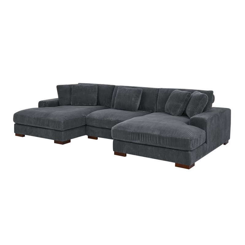 Large Seating Corduroy Upholstered Double Chaise Sectional, Dark Gray