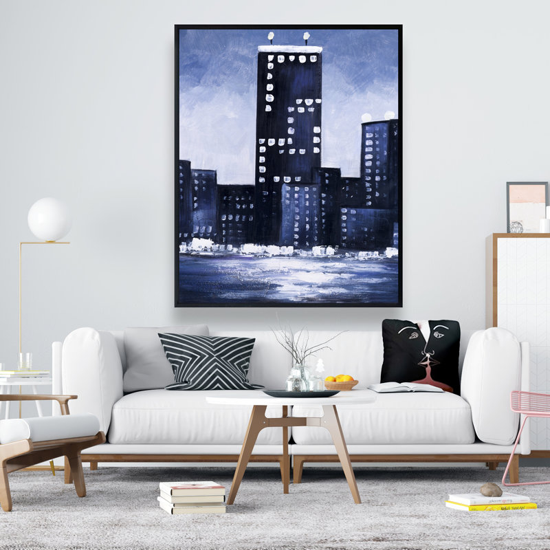 Dark Blue Cityscape - Framed Canvas for Home Decor